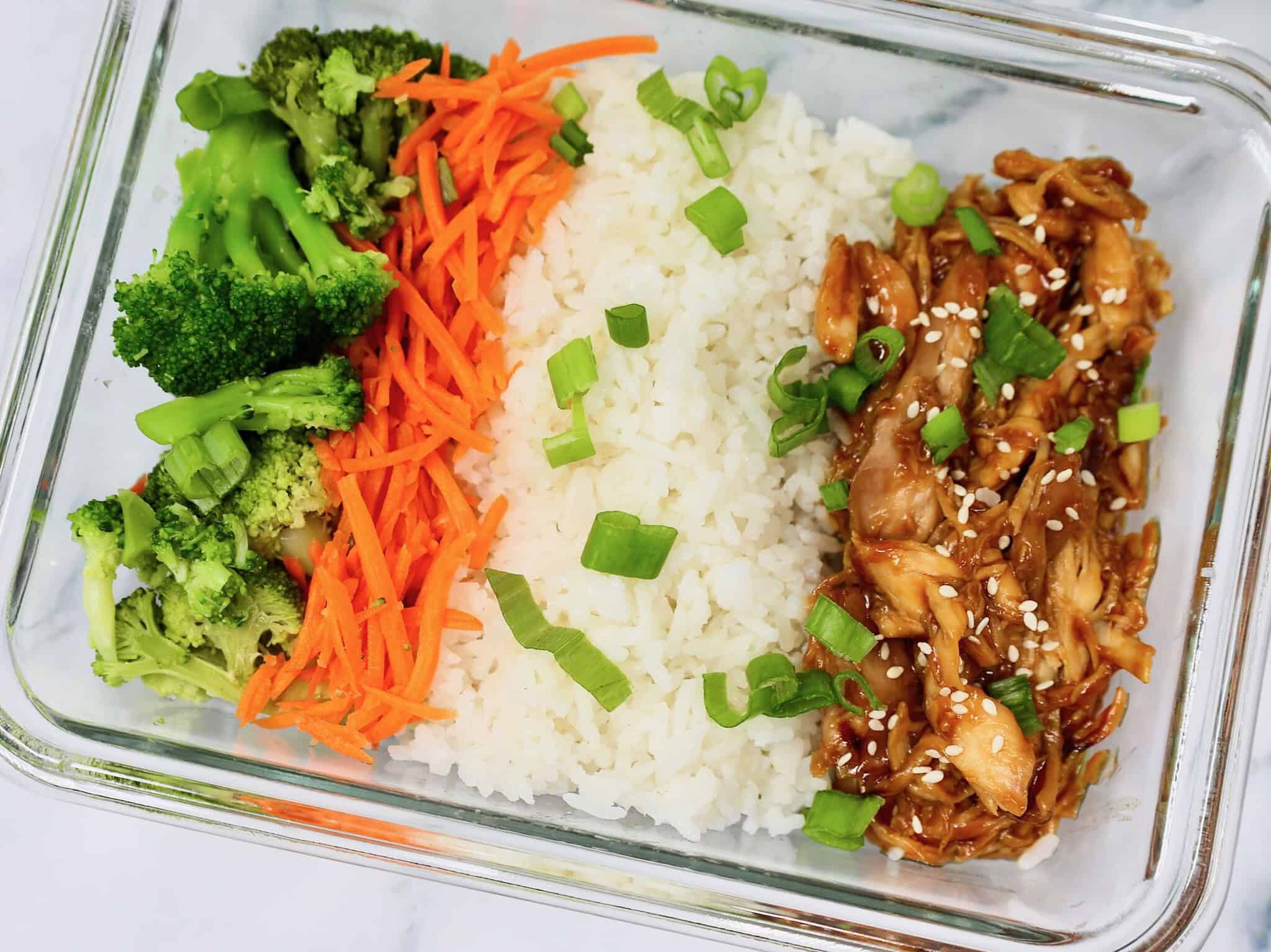 Honey Garlic Chicken Meal Prep Bowls with coconut jasmine rice and broccoli