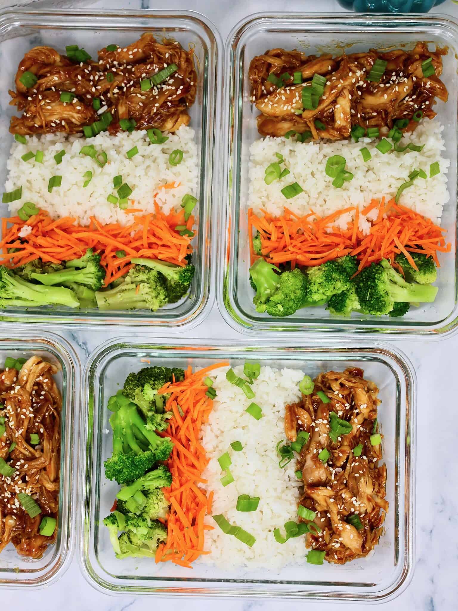 Honey garlic chicken and rice meal prep containers ready for the week