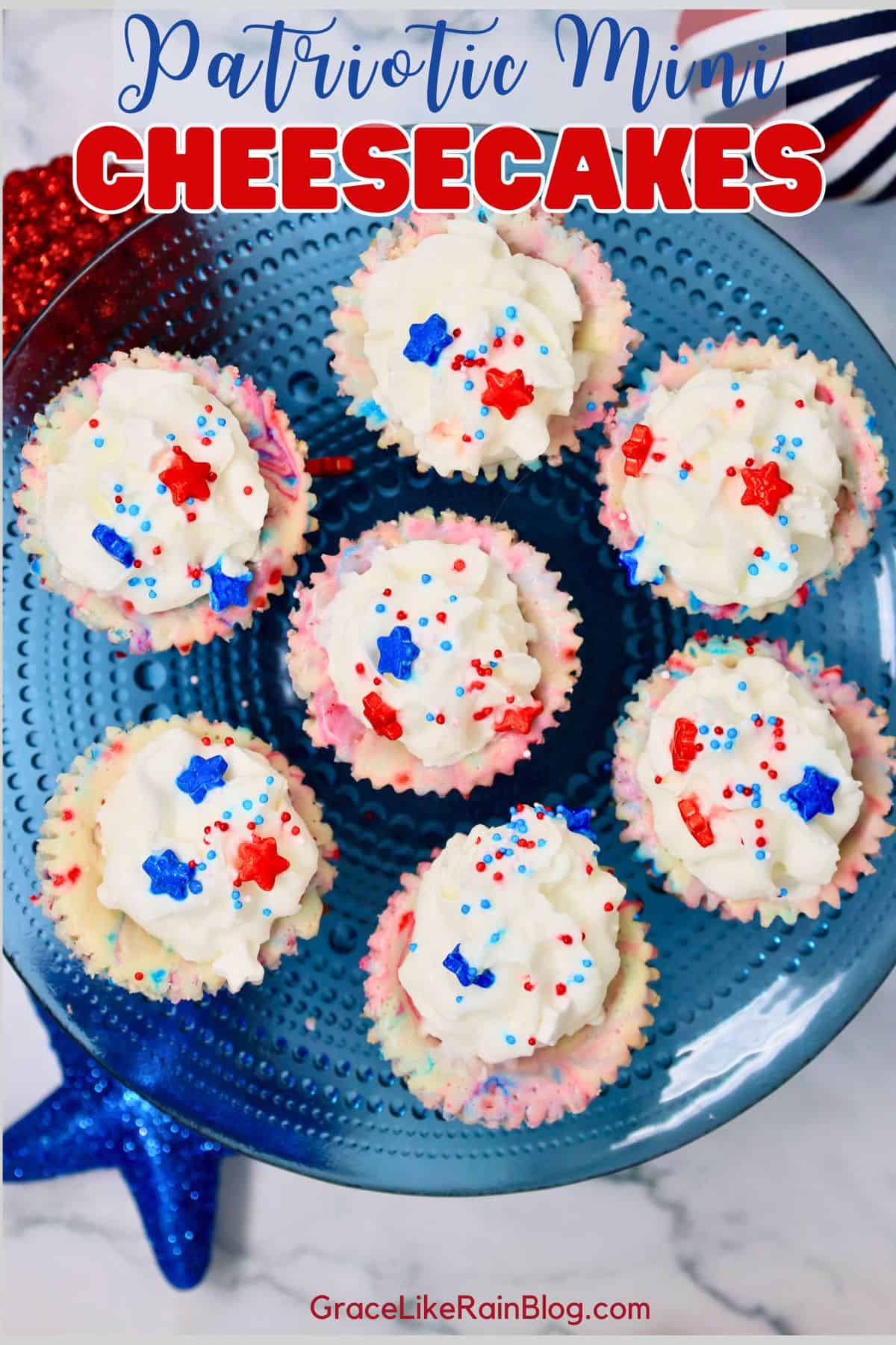 Easy Patriotic Mini Cheesecakes with Golden Oreo crust, whipped cream, strawberries, blueberries, and red white and blue sprinkles
