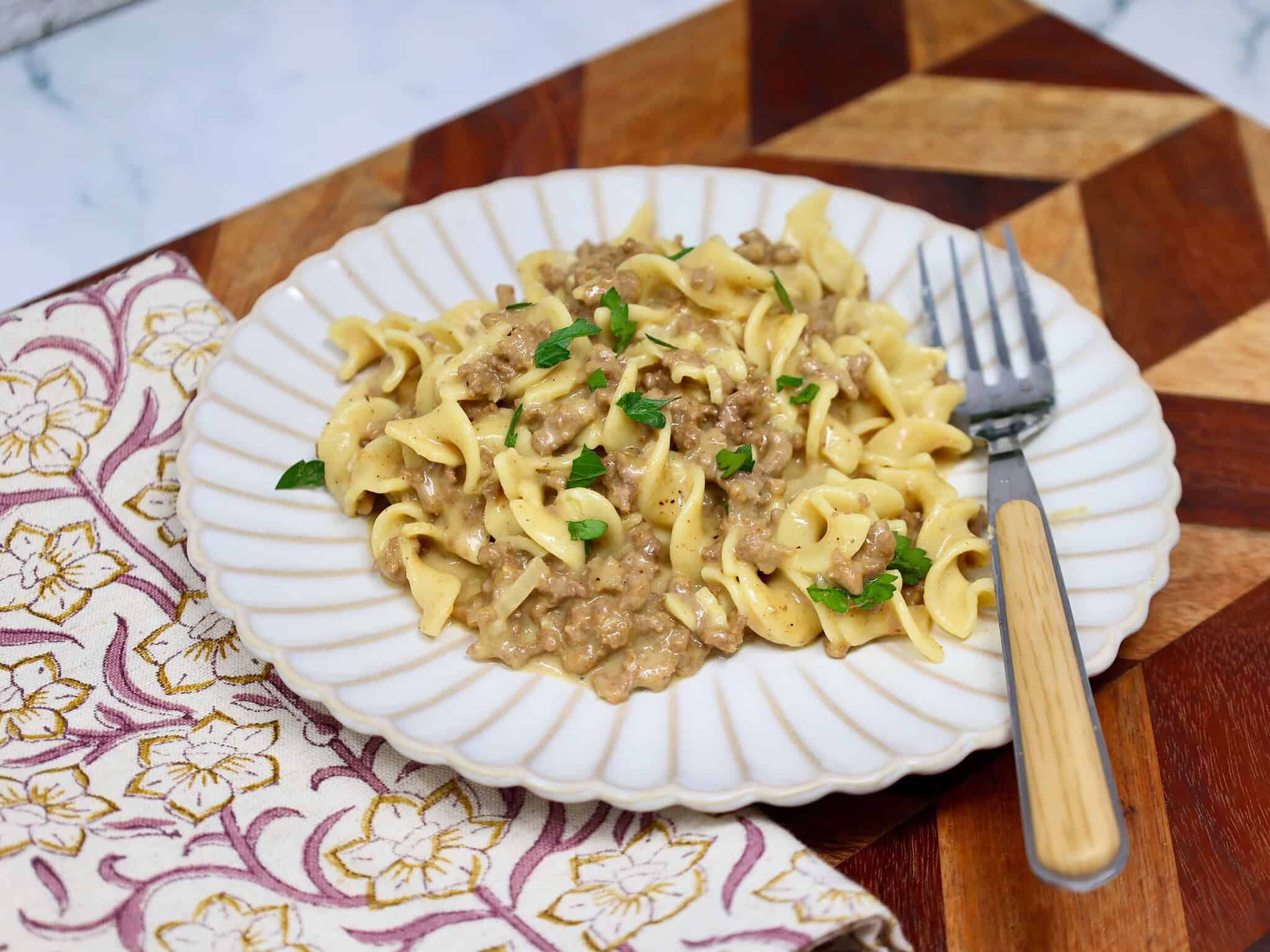 Overhead view of creamy ground beef and egg noodles