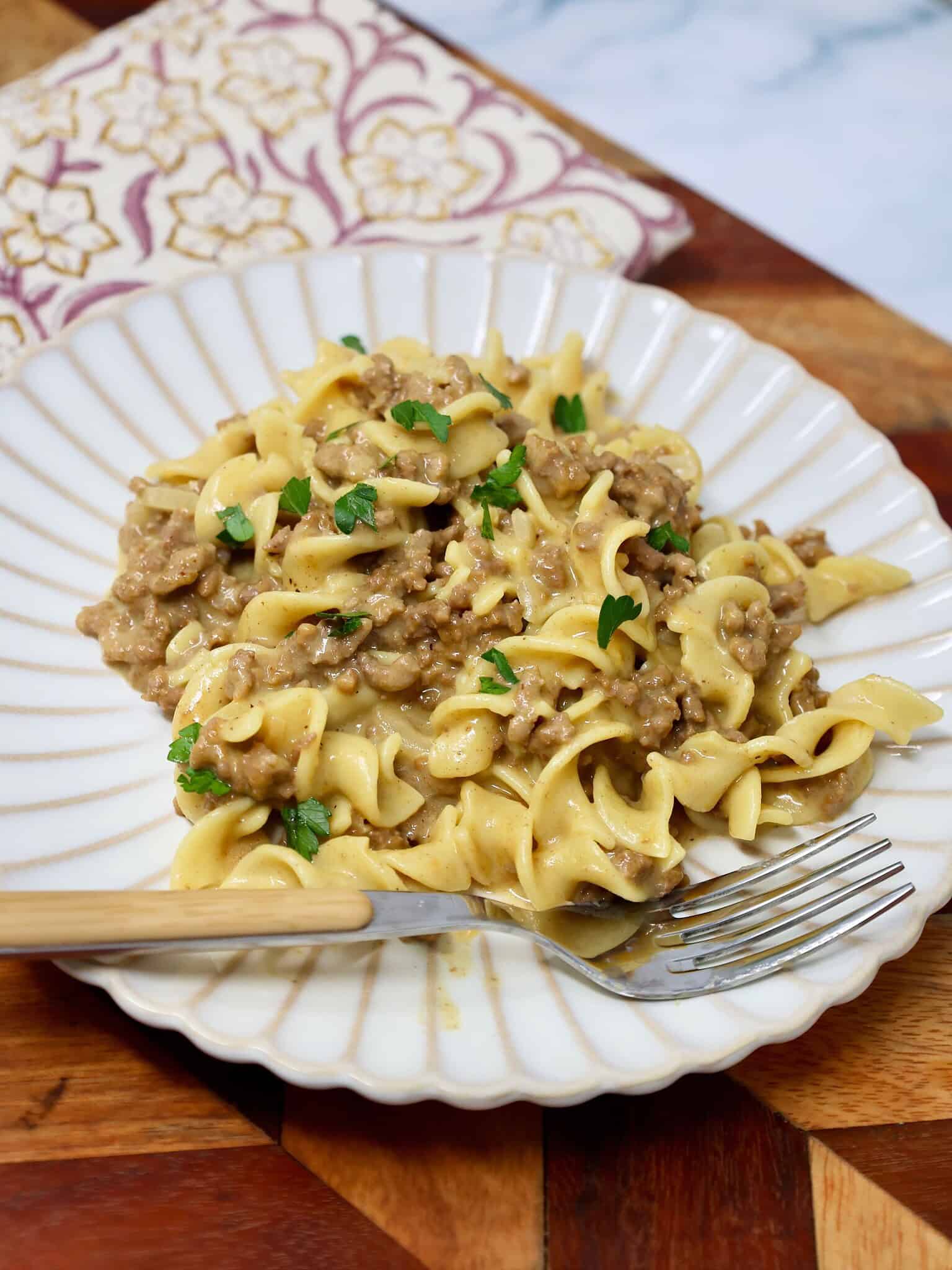 Ground beef and wide egg noodles in a creamy cheese sauce