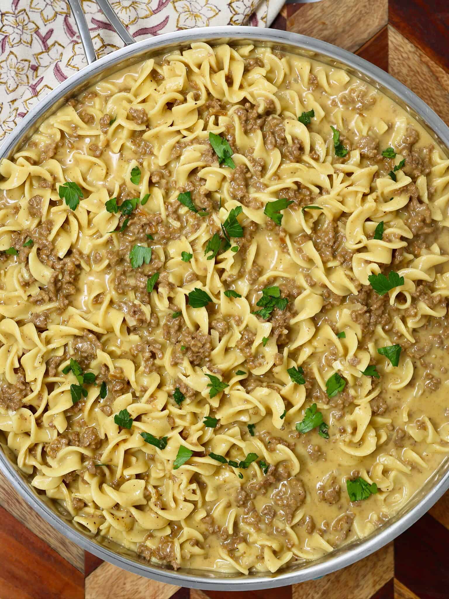 Wide egg noodles coated in creamy beef and cheese sauce