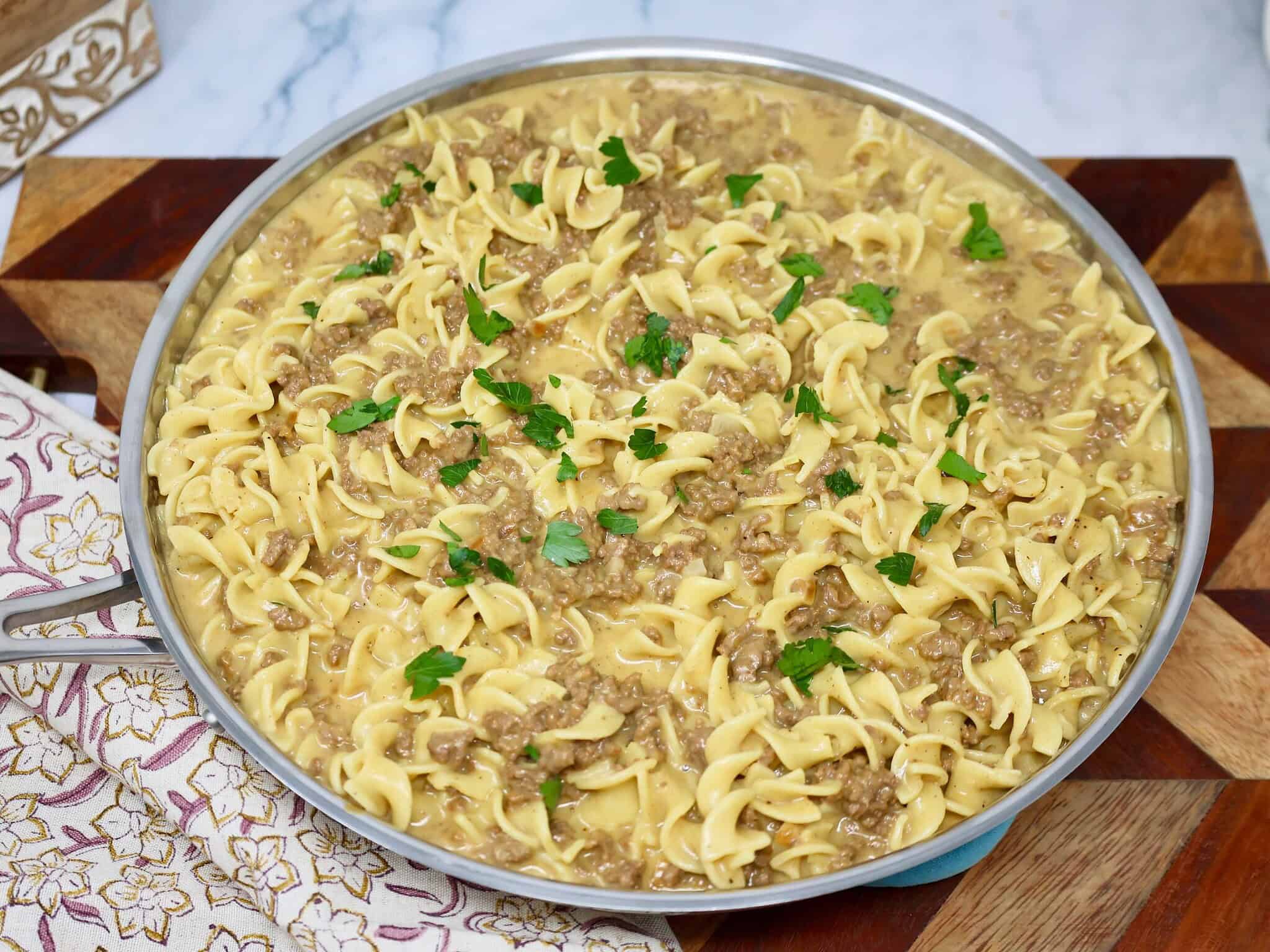 Easy creamy ground beef and noodles ready to serve
