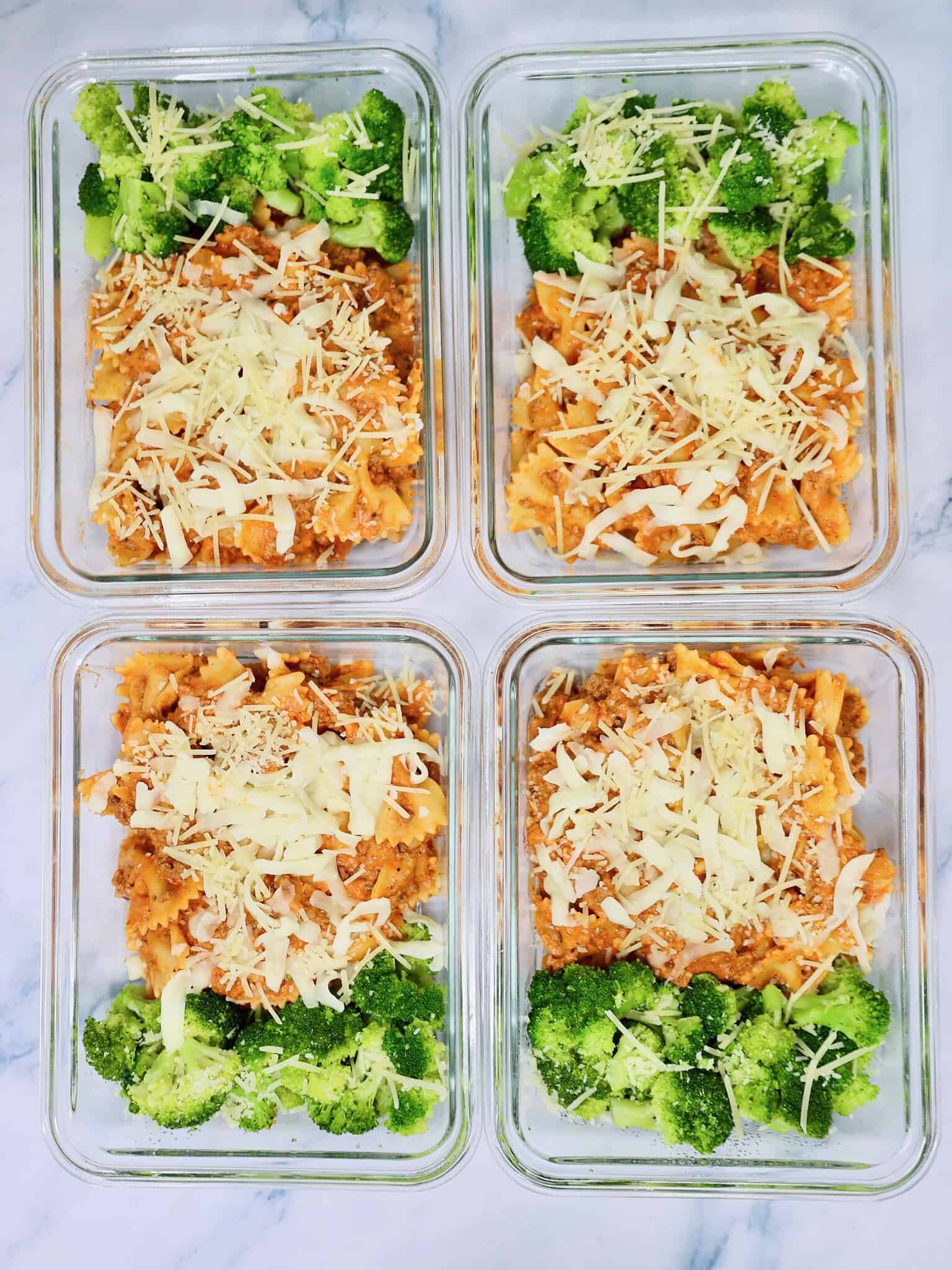 Ground beef and bowtie pasta coated in a creamy tomato sauce