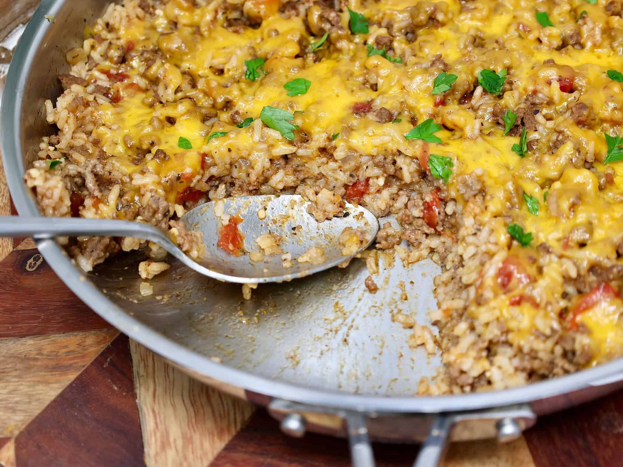 Family friendly cheesy ground beef and rice dinner