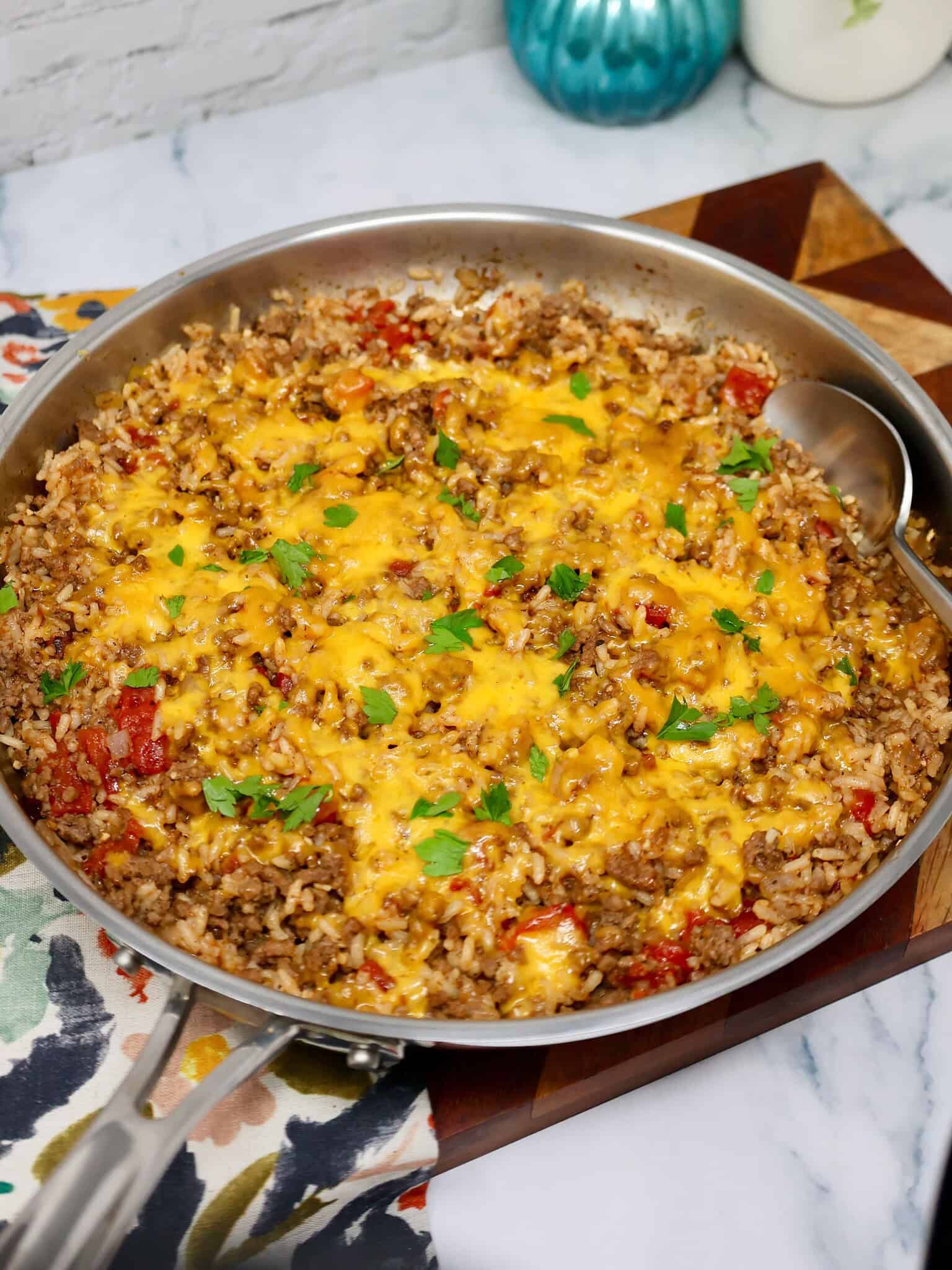 Ground beef and tender rice cooked with tomatoes and cheddar cheese