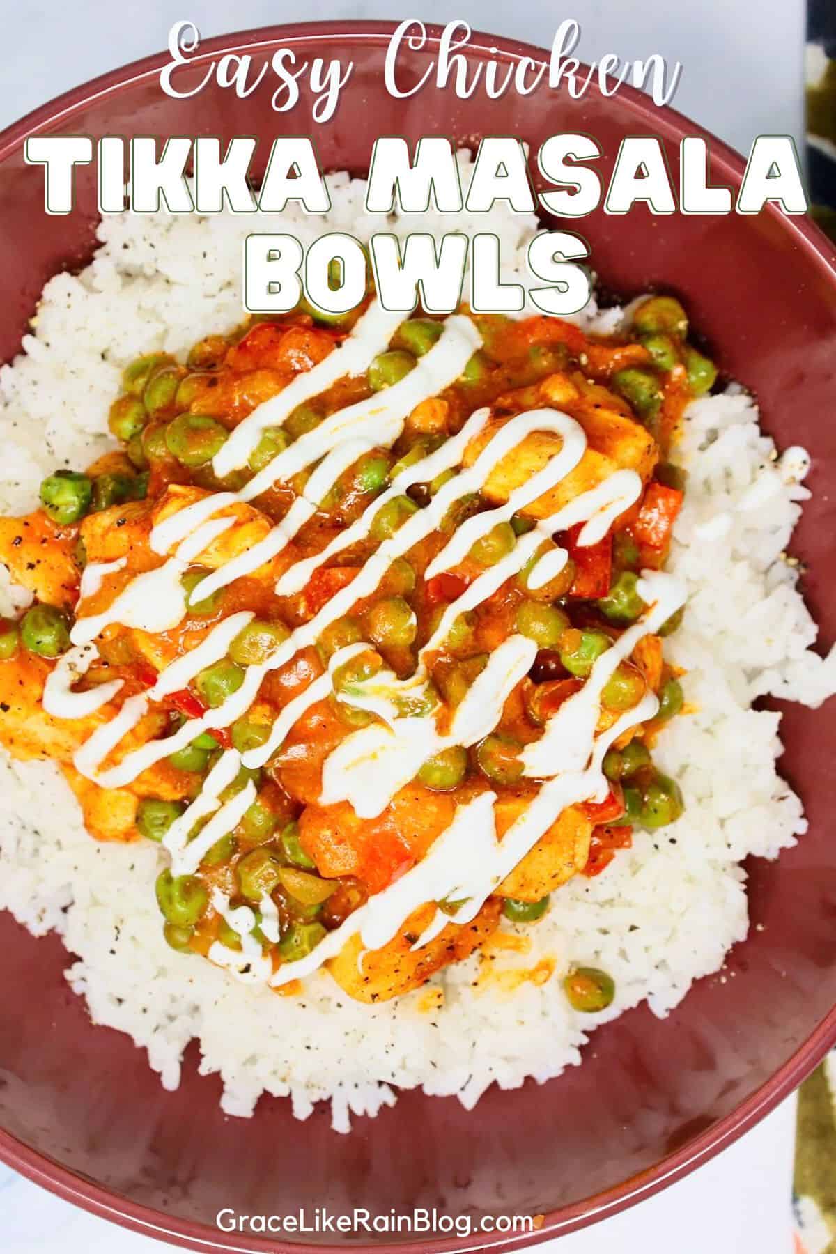 Easy chicken tikka masala bowls with jasmine rice, peas, and bell peppers