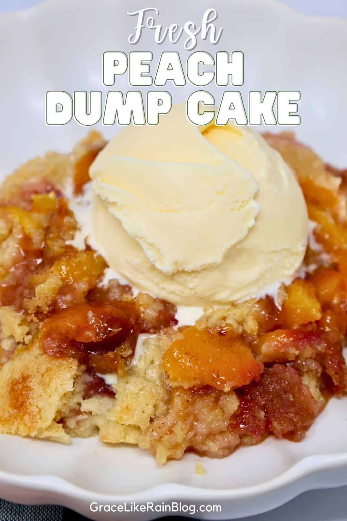 Fresh Peach Dump Cake showing juicy peach filling beneath the golden topping