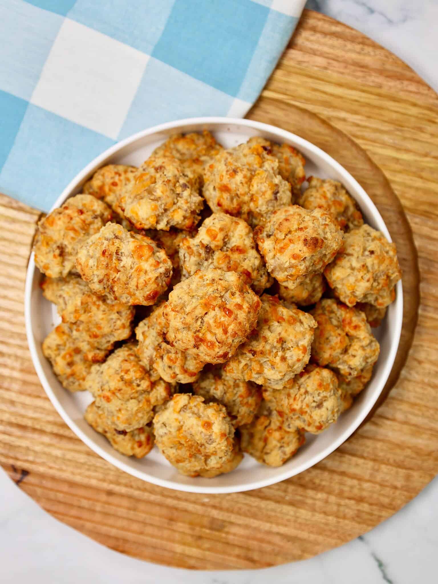 Platter of homemade maple sausage balls ready for brunch