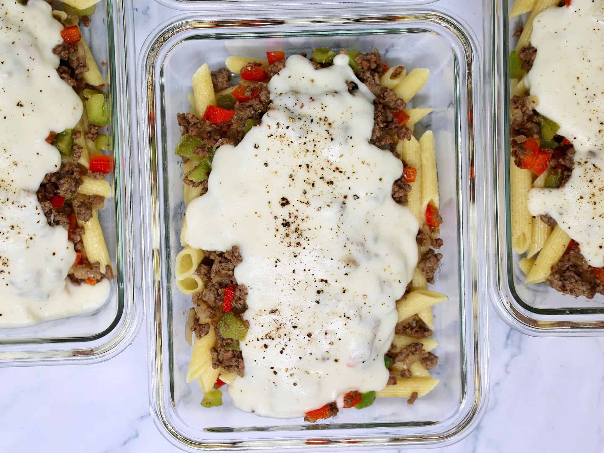 Ground beef Philly cheesesteak pasta bowls prepared for make ahead lunches