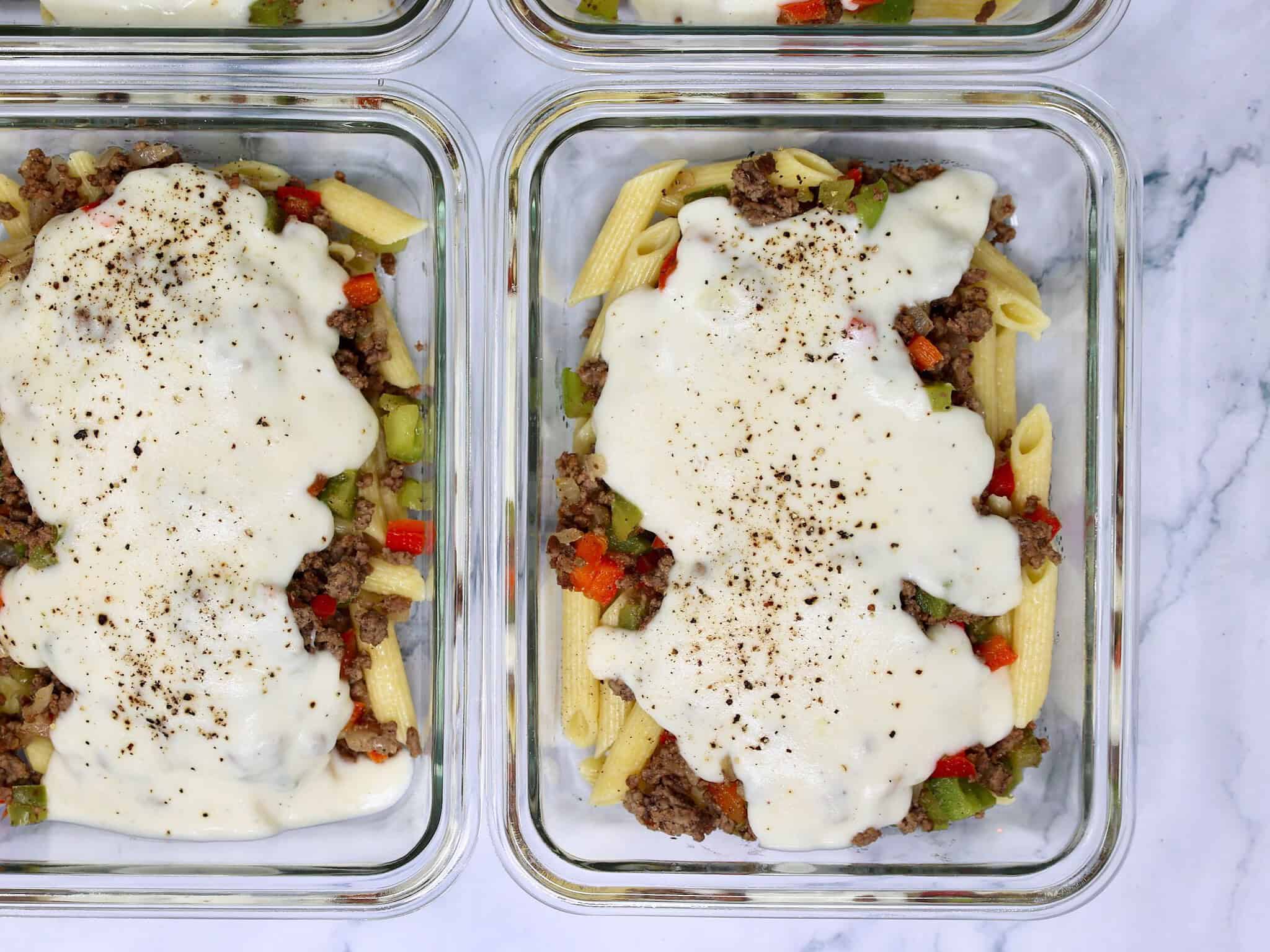 Creamy penne topped with cheesesteak inspired ground beef and sautéed vegetables