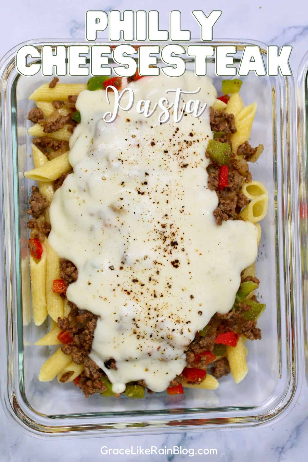 Philly Cheesesteak Pasta Bowls with ground beef, peppers, onions, and creamy provolone sauce