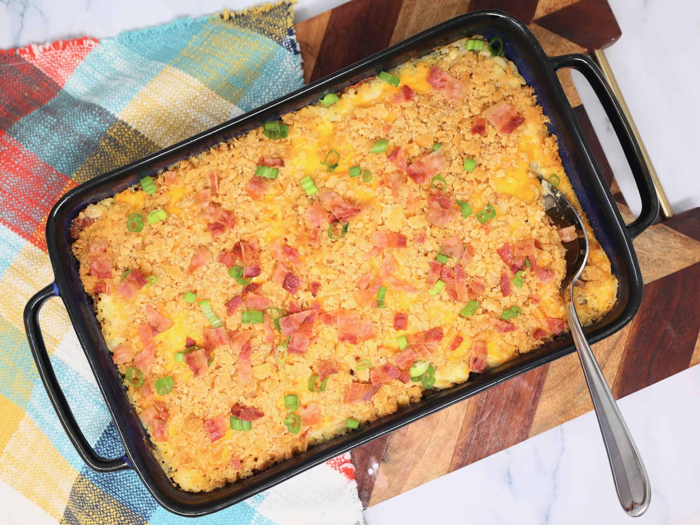 chicken bacon ranch rice casserole topped with buttery Ritz crackers