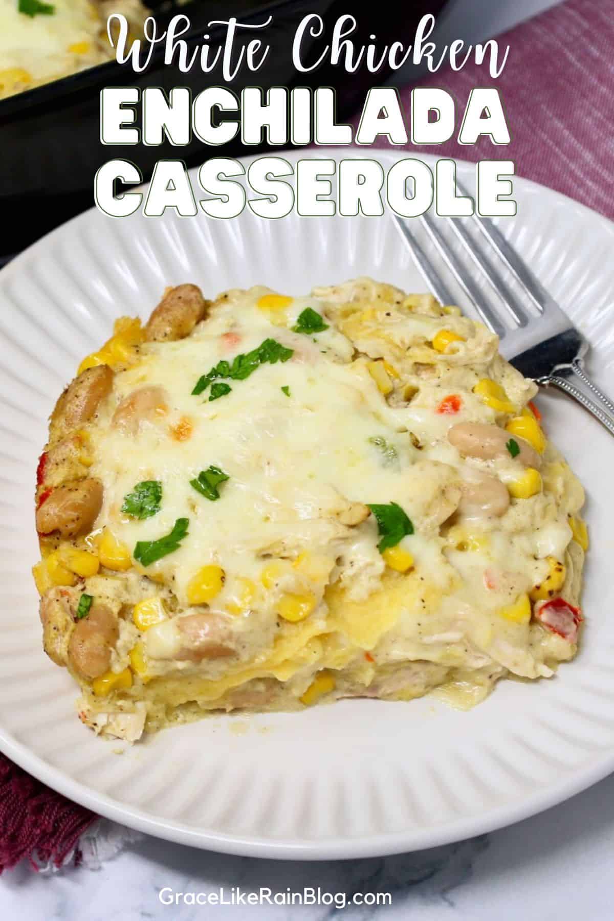 Creamy White Chicken Enchilada Casserole topped with melted pepper jack cheese
