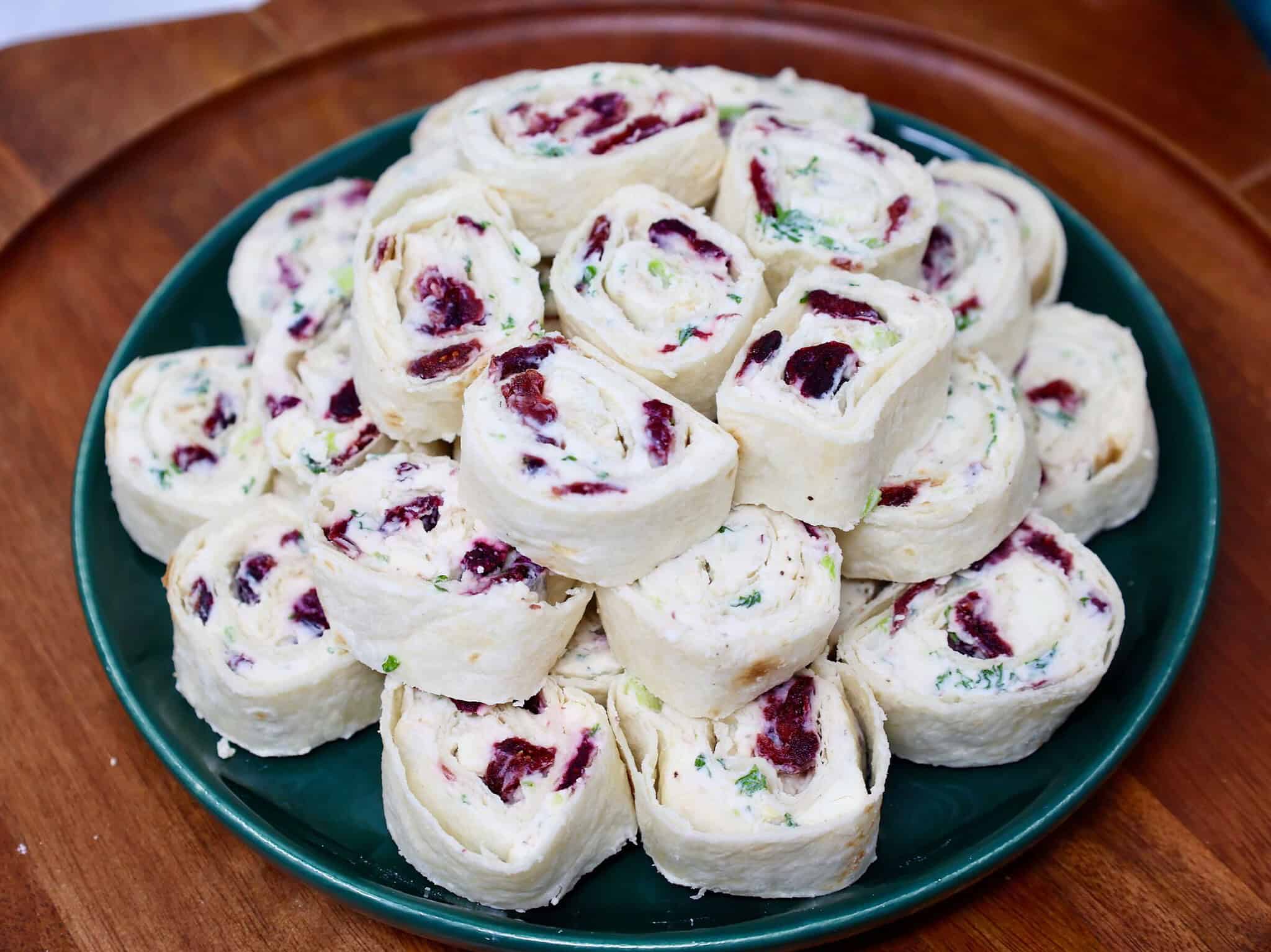 cranberry feta pinwheels ready for serving